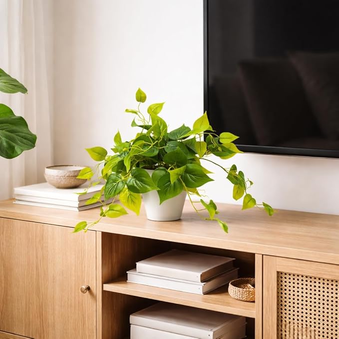 alyptus Fake Pothos Hanging Plants – Set of 2 Faux Ivy Vines Realistic Silk Devil’s Ivy for Indoor Décor, Low Maintenance Artificial Greenery for Home Bathroom or Office - Green with White Pots