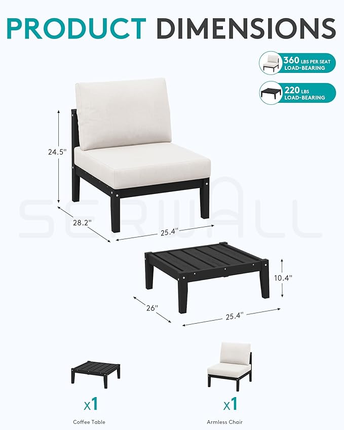SERWALL HDPE Patio Furniture Set, 2 Pieces Outdoor Sectional Sofa Set, All-Weather Wood-Like Outdoor Sofa Couch with Coffee Table for Deck, Lawn, Black Frame with Khaki Cushion