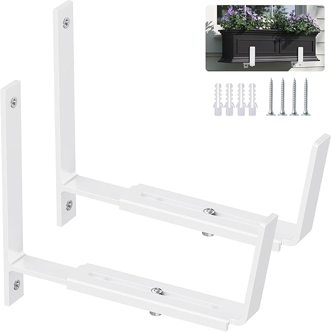 Y&M 2 Pack Adjustable Planter Brackets (6 to 12.5 in), Universal Window Box Mounting Hooks, Heavy Duty Iron Flower Box Wall Mounts for Balcony, Fences, Patio, and Garden - White