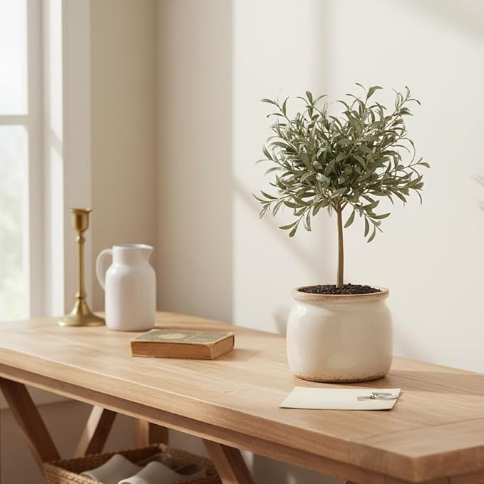 Ceramic Planter & Vase for Wabi Sabi Decor, 6.29 Inch Nordic Minimalist Flower Pot with Drainage Hole for Indoor Plants, Boho Tabletop Bookshelf & Living Room Decoration, Unique Gift (Antique Ivory)