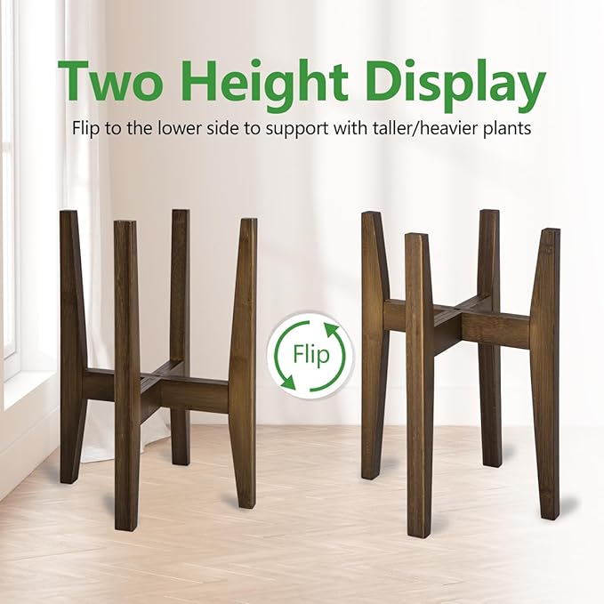 OERGKE 2 PACK Adjustable Plant Stand Indoor, Bamboo Mid Century Modern Plants Stands, Corner Flower Holder for Living Room, Fits 8 to 12 Inches Pots, (Pot & Plant Not Included)(Walnut)