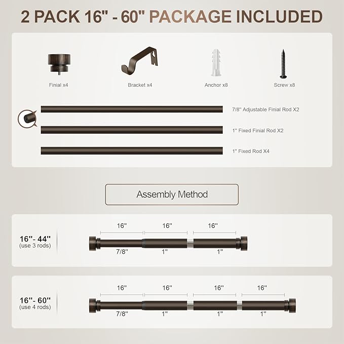 2 Pack Modern Antique Brown Bronze Curtain Rods for Windows 16 to 60 Inches Adjustable Heavy Duty 1" Diameter Window Rod with Decorative Finials for Outdoor Farmhouse Bedroom Kitchen Living Room