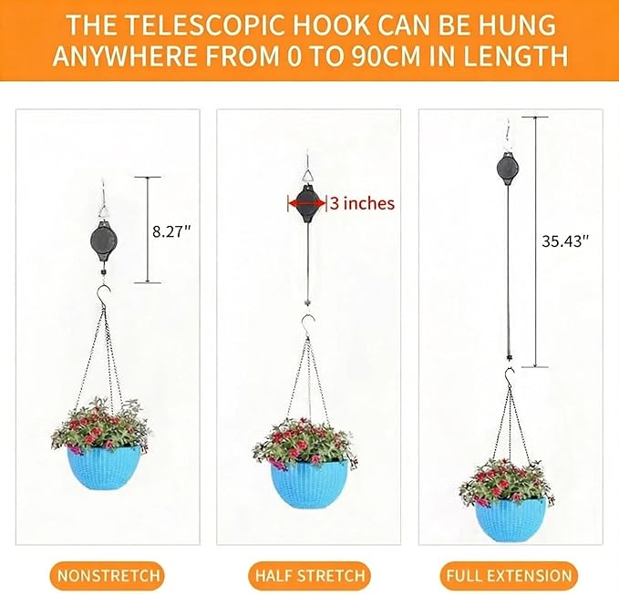 3Pack Retractable Plant Hanger Pulley System with Adjustable Rope Clips-Heavy-Duty for Indoor & Sheltered Outdoor Use(Max 15kg)