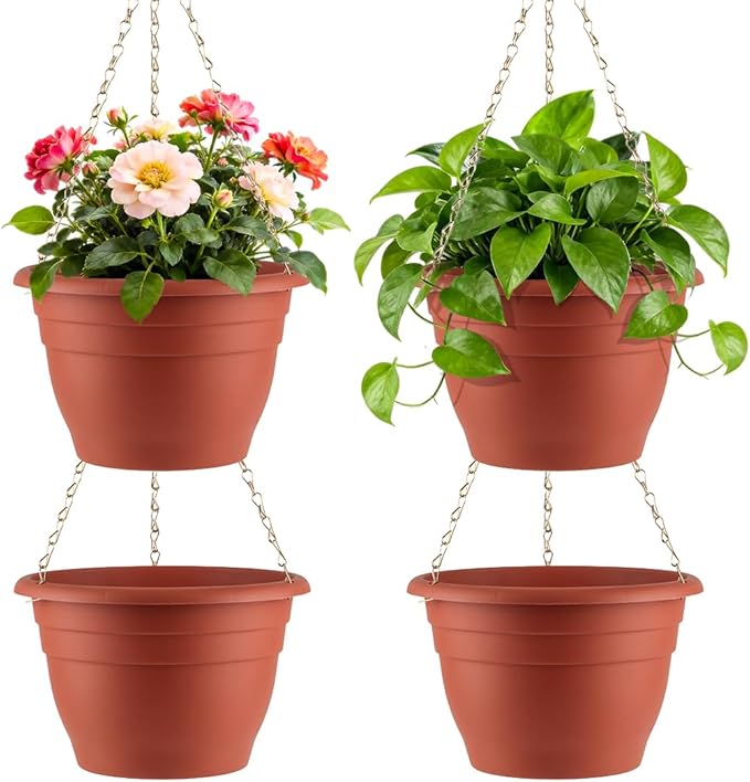 Hanging Planters 10 Inch, 4 Pcs Flower Pots with Drainage Hole, Self Watering Hanging Basket for Indoor Outdoor Plants, Decor, Pottery Red