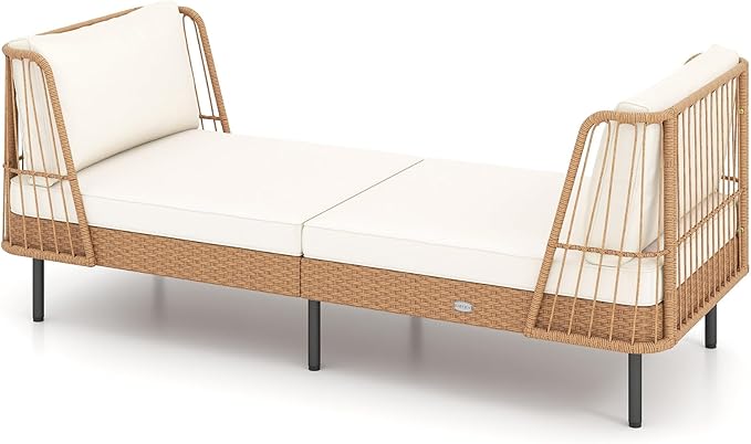 Tangkula Patio Rattan Daybed, Boho Outdoor Wicker Lounge Sofa with Seat & Back Cushions, 2-Seat Bench Sun Lounger Chair with Robust Metal Legs for Deck, Backyard, Porch, Poolside (1, Off White)