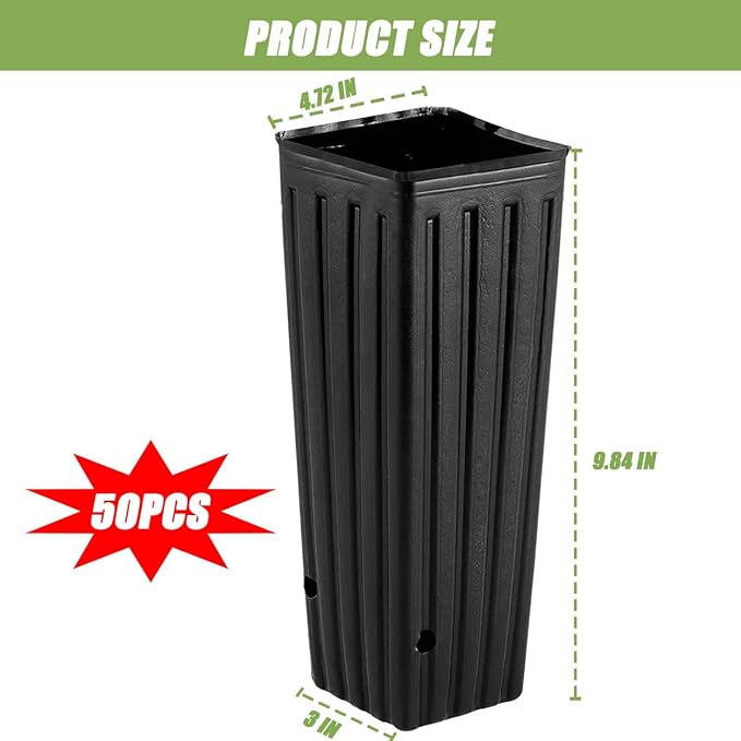 DredQcco Tall Deep Tree Pot, 50Pcs Plastic Plant Seedling Treepots Tall Flower Plant Container Starting Pots with Drainage Holes Flower Container for Indoor Outdoor Garden Plants 9.8" H x 4.7" W