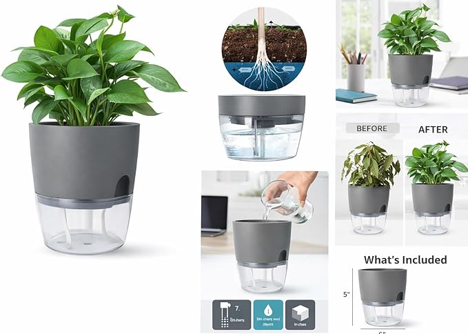 Self Watering Planter Pot with Upgraded Wick System – Modern Indoor Plant Pot with Visible Water Reservoir