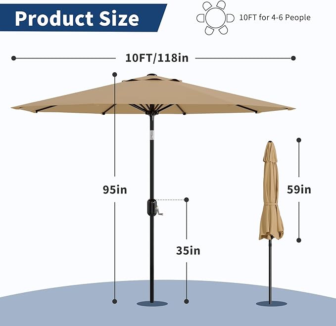 10 ft Patio Umbrella - 8 Sturdy Ribs Outdoor Table Umbrella with Crank Lift & Push Button Tilt - Market Umbrella for Pool, Deck, Yard, Garden - Tan