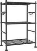 Storage Shelves - 3-Tier Large Capacity Shelf Organizer with Hooks, Heavy-Duty Garage Shelving with Leveling Feet, Wobble-Free Rack for Bedroom, Balcony, Garage, 18.1"×12.4"×29.4", Black