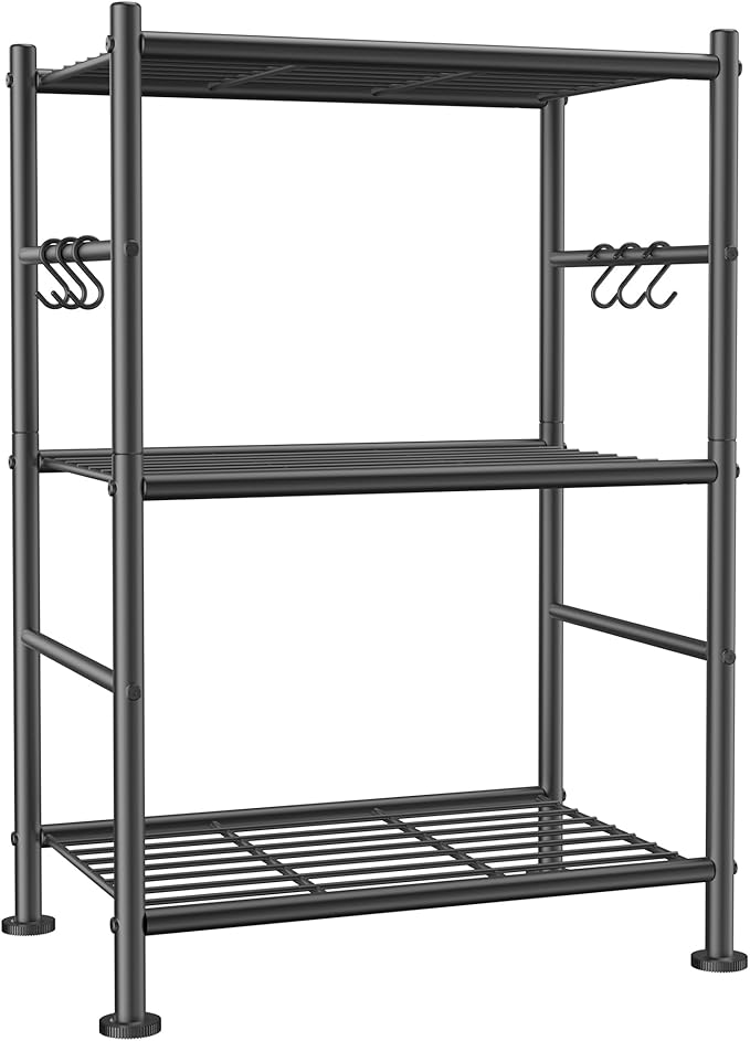 Storage Shelves - 3-Tier Large Capacity Shelf Organizer with Hooks, Heavy-Duty Garage Shelving with Leveling Feet, Wobble-Free Rack for Bedroom, Balcony, Garage, 18.1"×12.4"×29.4", Black