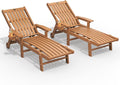 Patio Chaise Lounge Chair Set of 2, Oversized Lounge Chair Outdoor with 5 Positions, HDPE, Patio Lounge Chair with Wheels & Cup Holder for Pool, Deck, Poolside,Wood