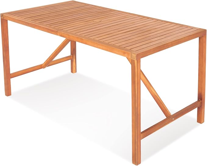 Tangkula 55" Acacia Wood Outdoor Dining Table for 4-6 Person, Rectangular Patio Dining Table with 2" Umbrella Hole and Support Bars, Indoor Outdoor Dining Furniture for Deck, Garden, Poolside & Yard
