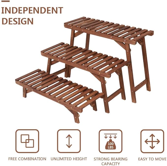 Ufine Freestanding 3 Tier Ladder Shelf Wood Plant Stand Indoor Outdoor Plant Display Rack Flower Pot Holder Planter Organizer