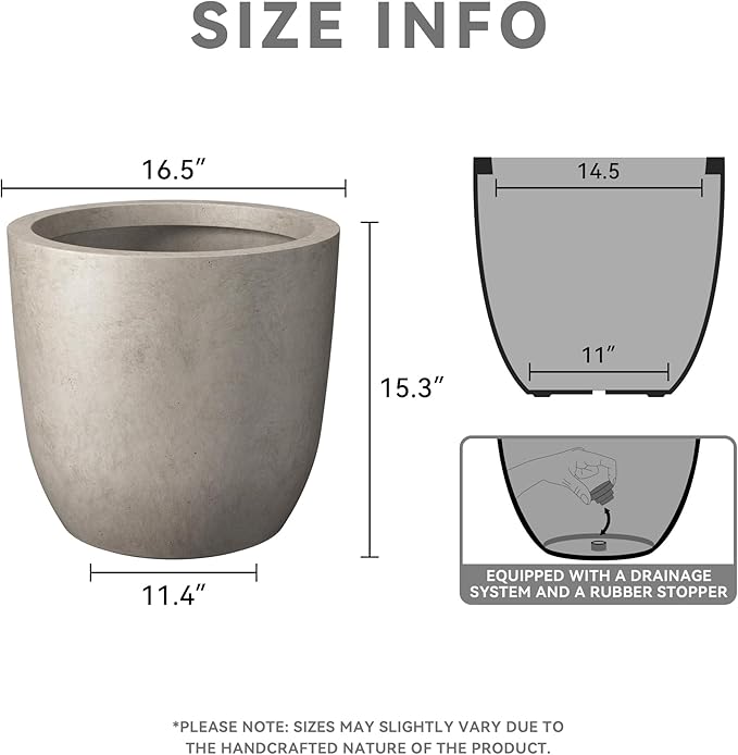 Kante 16.5" Dia Round Concrete Planter, Large Outdoor Modern Indoor Decorative Plant Pots with Drainage Hole and Rubber Plug for Home and Garden, Weathered Concrete