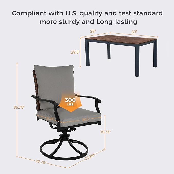 Grand patio 7-Piece Outdoor Dining Set, 6 Leather-Look Resin Wicker Swivel Patio Chairs & 1 Rectangular Woodgrain Dining Table, Brown