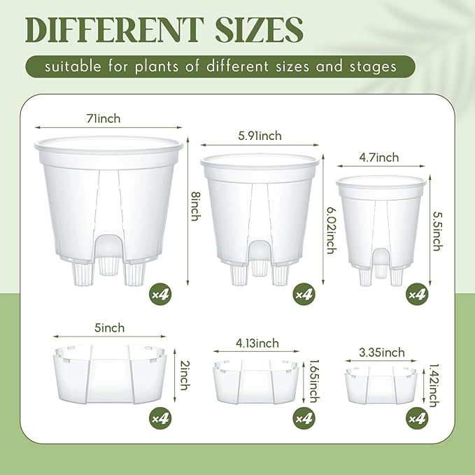 Self Watering Pots for Indoor Plants with Deep Reservoir and High Drainage Holes for Outdoor Plants and Flowers, Bare Root Planter(4.72'', 5.91'', 7.09'',Clear,12 Pcs)