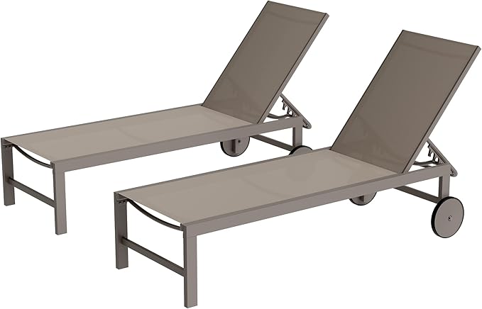 Shintenchi 2 PCS Outdoor Chaise Lounges Chair with Wheels Aluminum Reclining Patio Lounge Chairs with 5 Adjustable Position Recliner for Patio, Beach, Yard, Pool Patio Furniture Set,Khaki