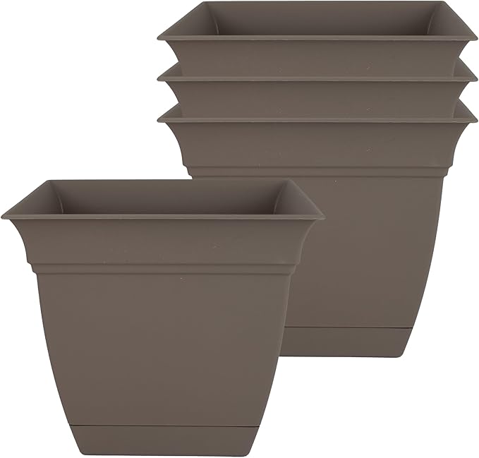 The HC Companies 8 Inch Eclipse Square Planter Pots with Drainage Holes & Attached Saucer, Lightweight UV-Resistant Plastic Indoor Outdoor Planters, 4-Pack Flower Pots, Garden Home Decor, Cappuccino