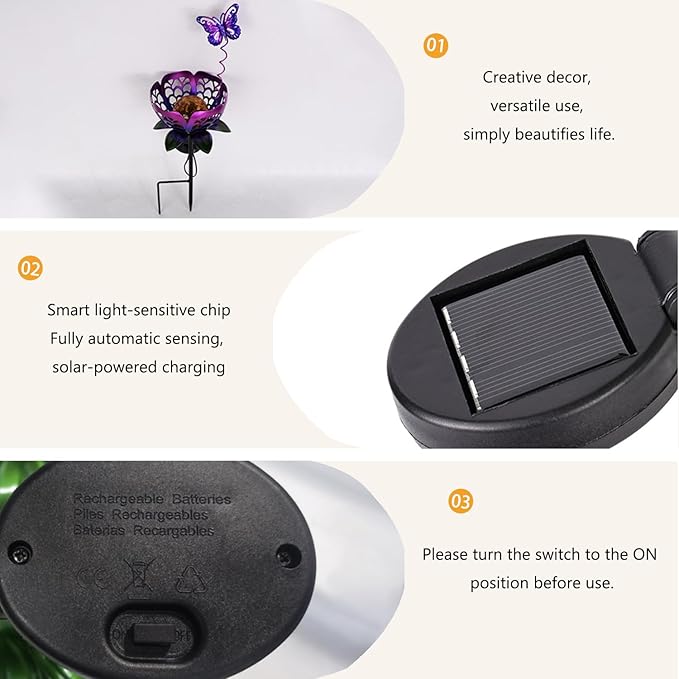 Solar Lights Outdoor Garden Decor,LED Lotus Flower Lamp, Metal Tulip & Butterfly Decoration Solar Lawn Lamp for Courtyard, Garden Gifts for Women (Purple)