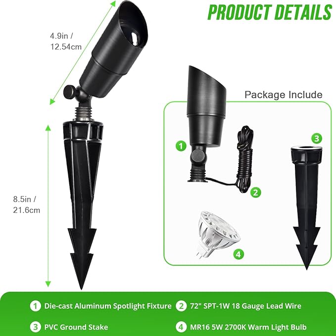 Wowlite 12V Low Voltage Landscape Lighting, Adjustable LED Outdoor Spotlights for House, IP65 Waterproof Matte Black Aluminum Garden Lighting for Trees, Yard, Patio (5W 2700K Warm White Bulb Included)