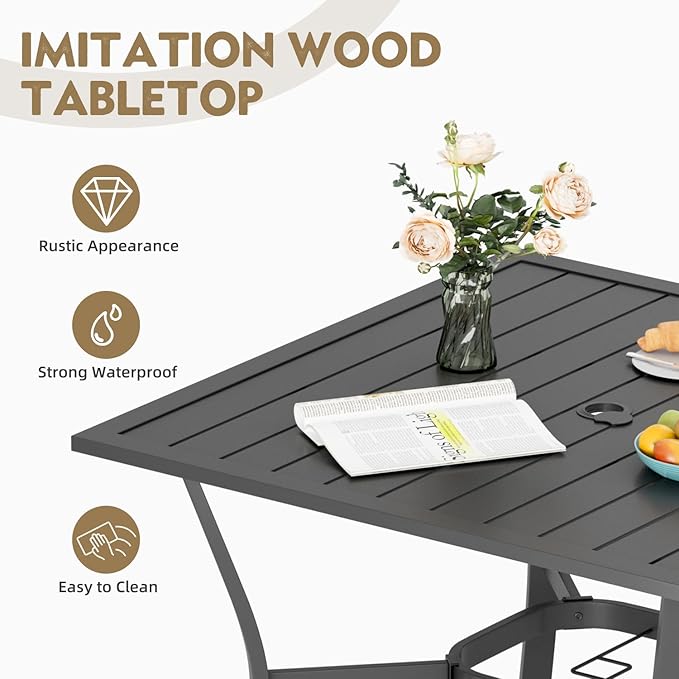 MELLCOM 37''x37'' Outdoor Dining Table for 4, E-Coating Metal Patio Dining Table with 1.57'' Umbrella Hole, All-Weather Black Square Table for Porch, Garden, Backyard, Poolside