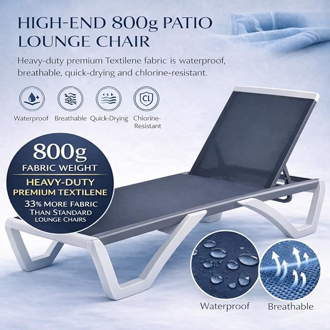 Kozyard Outdoor Chaise Lounge Chair, Full Flat Adjustable Patio Lounger with Aluminum Frame & Resin Legs, Textilene Fabric for Poolside, Backyard & Beach (Gray, 2Chairs with Table)
