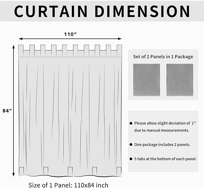 Easy-Going Outdoor Patio Curtains Detachable Tab Top Windproof Weatherproof Curtain for Cabana, Porch, Pergola and Gazebo, Tab Bottom Drape, 2 Panels, 110W x 84L inch, Light Grey