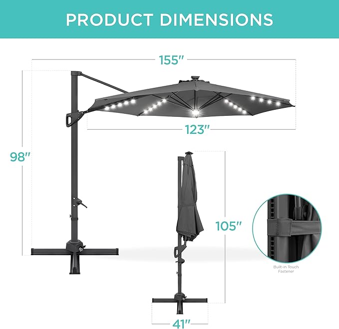 Best Choice Products 10ft Solar LED Cantilever Patio Umbrella, 360-Degree Rotation Hanging Offset Market Outdoor Sun Shade for Backyard, Deck, Poolside w/Lights, Easy Tilt, Cross Base