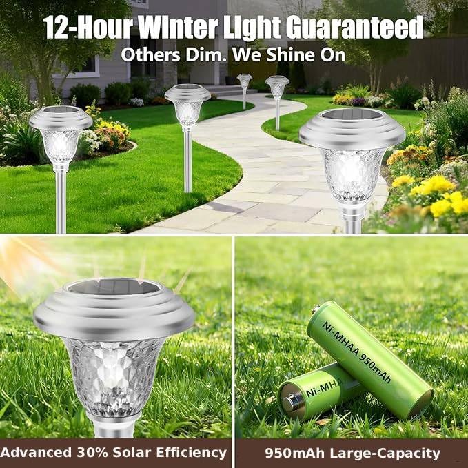 BEAU JARDIN 8 Pack Solar Pathway Lights White+ Color Changing Stainless Steel 3 Mode Outdoor Multicolor Metal Solar Powered Waterproof Glass for Garden Landscape Path Yard Walkway Driveway Silver