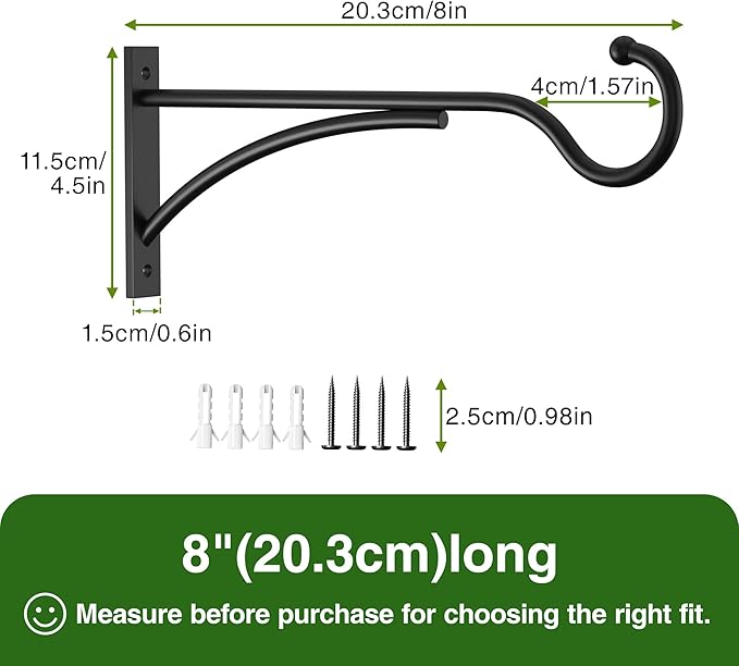 8 Inch 2 Pack Heavy Duty Plant Hangers Outdoor, Metal Plant Brackets for Hanging Baskets, Plant Wall Hooks for Bird Feeders, Wind Chimes & Lanterns, Premium Metal Hooks Matte Black, 30lbs Capacity