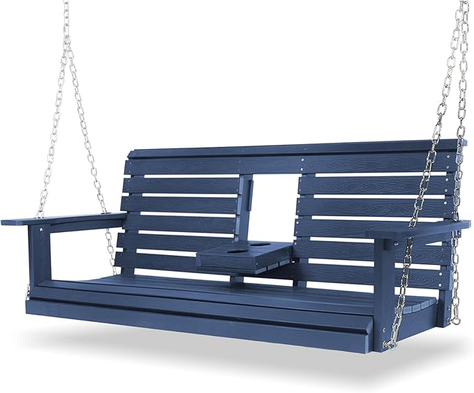 Poly Lumber 3-Seat Porch Swing, HIPS 5-Feet Bench Swing with Foldable Cup Holders,18/8 Stainless Steel Hardware, High Backrest and Deep Contoured Seat (Navy Blue, 5-feet)