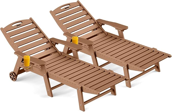 Outdoor Chaise Lounge Chair Set of 2, Patio Lounge Chairs for Outside, HDPE Lounge Chair with Wheels & Cup Holder, Poly Chair with 5 Position for Poolside, Deck, Brown
