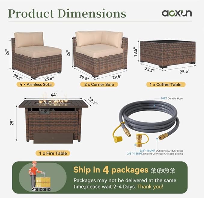 Aoxun 8 Piece Patio Furniture Set with 44” Fire Pit Table Wicker Rattan Outdoor Sectional Sofa Set with Coffee Table and Thickened Cushions & Hose, Khaki (Waterproof Cover Included)