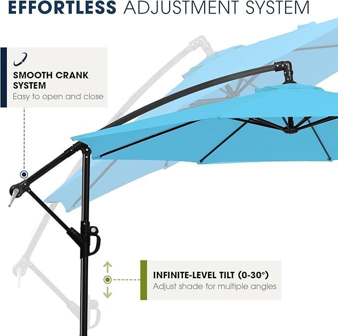 wikiwiki 10ft Patio Umbrella with Base Included, Outdoor Offset Cantilever Umbrella with Sandbag Base for Backyard, Garden and Pool, Easy to Tilt and Crank, Sky Blue