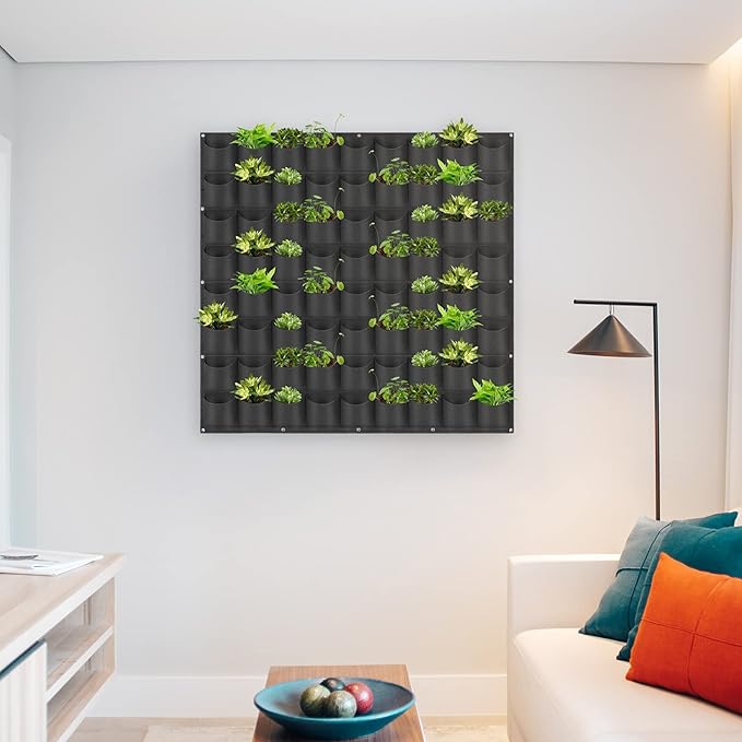 Hanging Planting Grow Bags, 72 Pockets Hanging Vertical Wall Planter Wall Mounted Grow Bag Outdoor Indoor Gardening Vertical Greening Flower Container, Planting Bags Storage Bags(1.0 m × 1.0 m, Black)