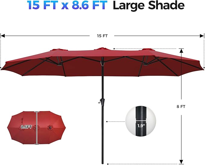 SUPERJARE 15FT Outdoor Umbrella for Patio, Double sided Pool Umbrellas with Fade Resistant Canopy, Large Table Umbrella for Deck, Market, Backyard - Burgundy