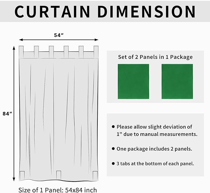 Easy-Going Outdoor Patio Curtains Detachable Tab Top Windproof Weatherproof Curtain for Cabana, Porch, Pergola and Gazebo, Tab Bottom Drape, 2 Panels, 54W x 84L inch, Green