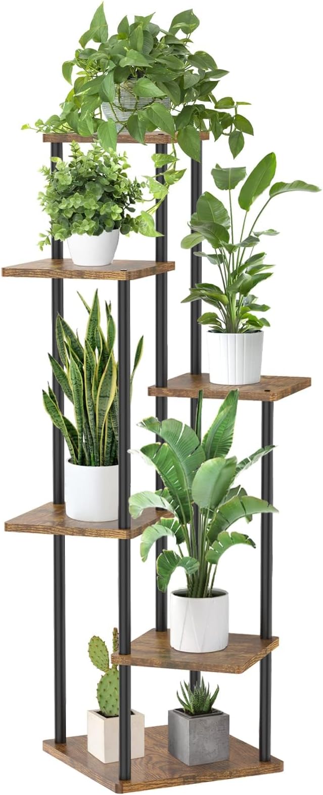6 Tier Tall Plant Stand Indoor Outdoor, Large Wood Metal Planter Shelf Holder for Narrow Corner, Sturdy Vertical Multiple Flower Orchid Pot Decorative Rack for House Living Room Bedroom Office, Rustic Black