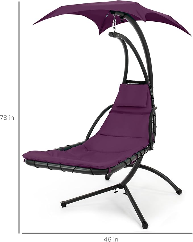Best Choice Products Outdoor Hanging Curved Steel Chaise Lounge Chair Swing w/Built-in Pillow and Removable Canopy - Purple