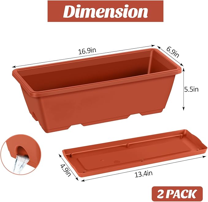 CADUKE Railing Planter Boxes Deck 2 Pack Railing Flower Box with Adjustable Bracket 17 Inch Window Boxes Rectangle Window Deck Hanging Planters Boxes for Outdoor Patio, Red