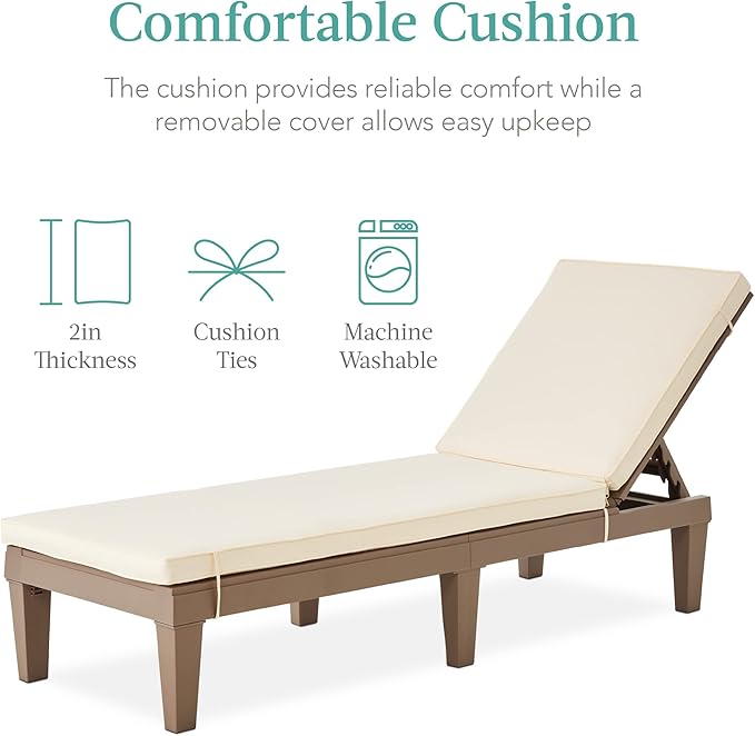Best Choice Products Outdoor Lounge Chair, Resin Patio Chaise Lounger for Poolside, Backyard, Porch w/Seat Cushion, Adjustable Backrest, 5 Positions, 330lb Capacity - Brown/Ivory