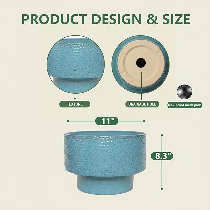 Ceramic Planters 11 Inch, Honeycomb Ceramic Pots for Plants Indoor Outdoor, Round Plant Pot with Drainage Hole, Large Planter Flower Pot, Reactive Glaze Blue