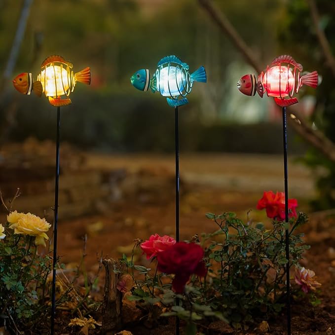 Fish 3Pack 21.3''H Outdoor Figurine Lights, Multicolor Clownfish Solar Garden Decor with Led Lights, Decorative Garden Stake for Yard, Patio, Lawn