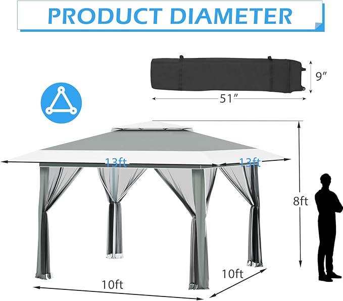 ECOTOUGE 13x13 FT Pop Up Canopy Tent with Mosquito Nettings, Patio Party Instant Shelte Gazebo w/Carrying Roller Bag Waterproof and UV Resistant for Outdoor Garden, Grill and Backyard, Grey-White