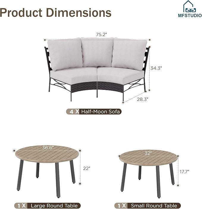 MFSTUDIO Patio Furniture Set, 8 Seats Half-Moon Curved Outdoor Sectional Sofa Conversation Set, Woven Rattan Patio Couch with 2 Wood-Like Round Coffee Table