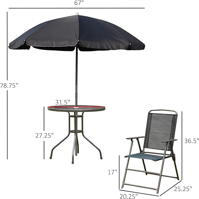 Outsunny 6 Piece Patio Dining Set for 4 with Umbrella, Outdoor Table and Chairs with 4 Folding Dining Chairs & Round Glass Table for Garden, Backyard and Poolside, Black and Coffee