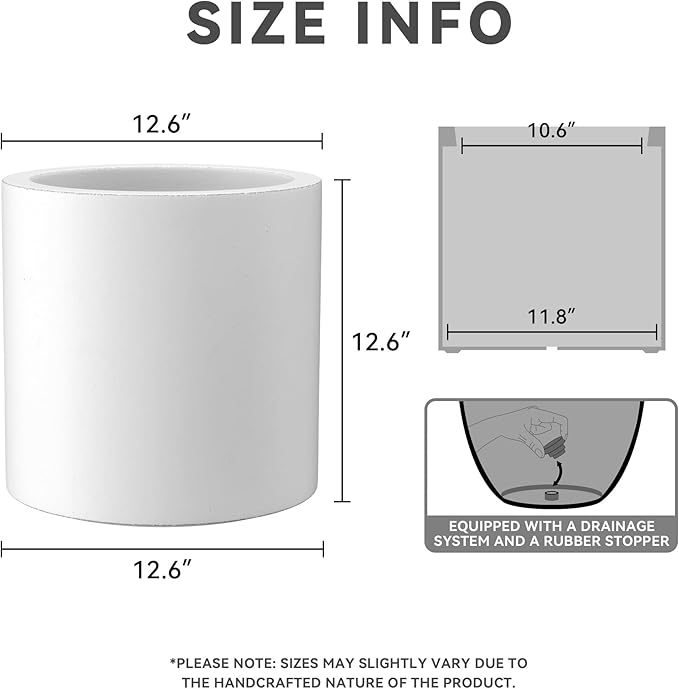 Kante 12.6" Dia Round Concrete Planter, Modern Style Large Cylindrical Plant Pot with Drainage Hole and Rubber Plug for Indoor Outdoor Patio, Pure White
