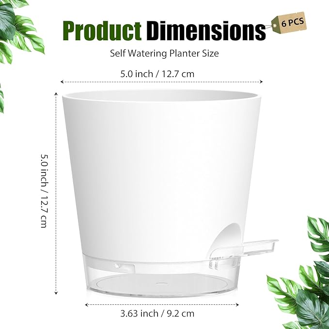 Plant Pots 5 Inch Self Watering Pots,6 Pack Plastic Planters with Drainage Holes and Clear Saucers,Plastic Flower Pots,Nursery Planting Pot for Indoor Out Door Plants (White)
