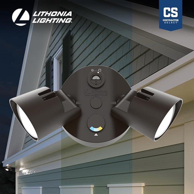 Lithonia Lighting HomeGuard 2-Light LED Outdoor Flood Lights, Outdoor LED Lights, Dusk to Dawn Sensor, Adjustable Lumens, Selectable Color, Round Heads, Dark Bronze (HGX LED 2RH ALO SWW2 120 PE DDB)