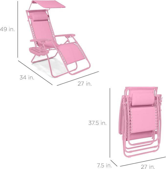 Best Choice Products Folding Zero Gravity Outdoor Recliner Patio Lounge Chair w/Adjustable Canopy Shade, Headrest, Side Accessory Tray, Textilene Mesh - Carnation